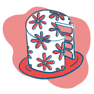An illustration of a layer cake with floral design and a slice missing